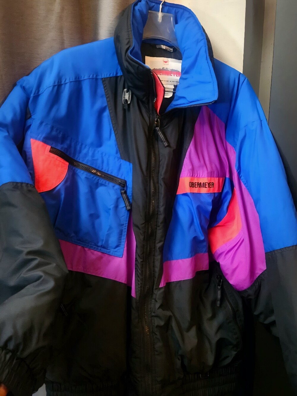Obermeyer Men's Ski Jacket in Blue, Purple, Black with Pink Accents